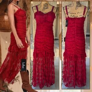 Lulus Iconic Charm Wine Red Lace Sleeveless Ruched Maxi Dress Size S